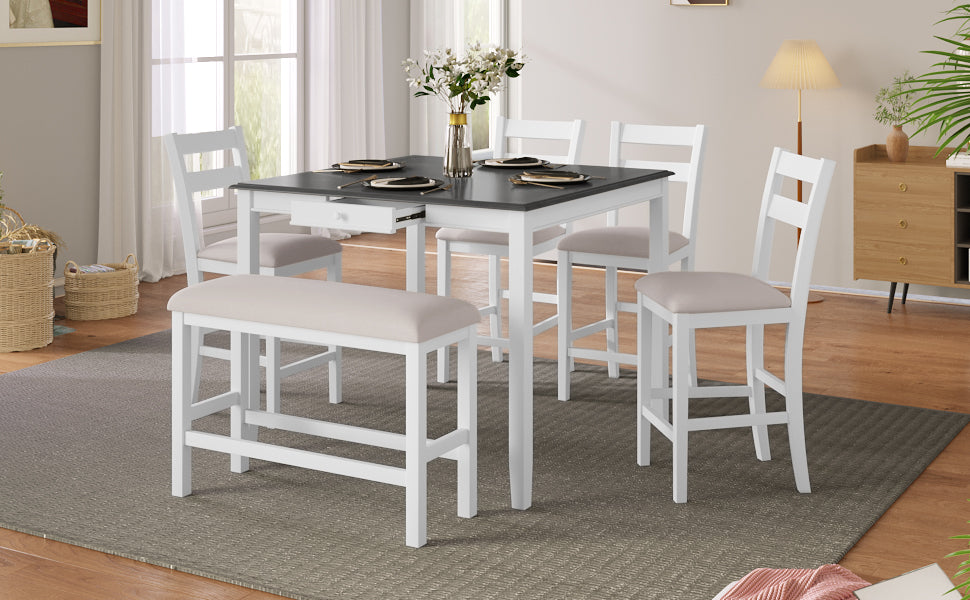 6-Piece Wood Dining Table Set with Storage Drawer - White