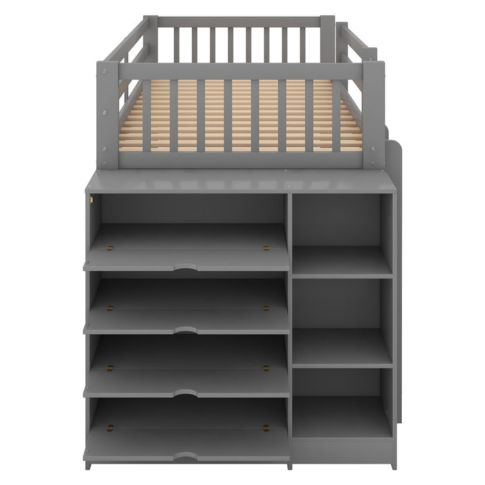 Twin over Twin Bunk Bed with Attached Cabinet and Shelves Storage - Gray