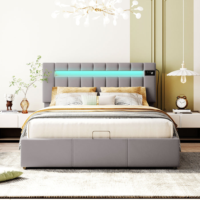 Queen Size Upholstered Bed  with LED light, Bluetooth Player and USB Charging - Gray