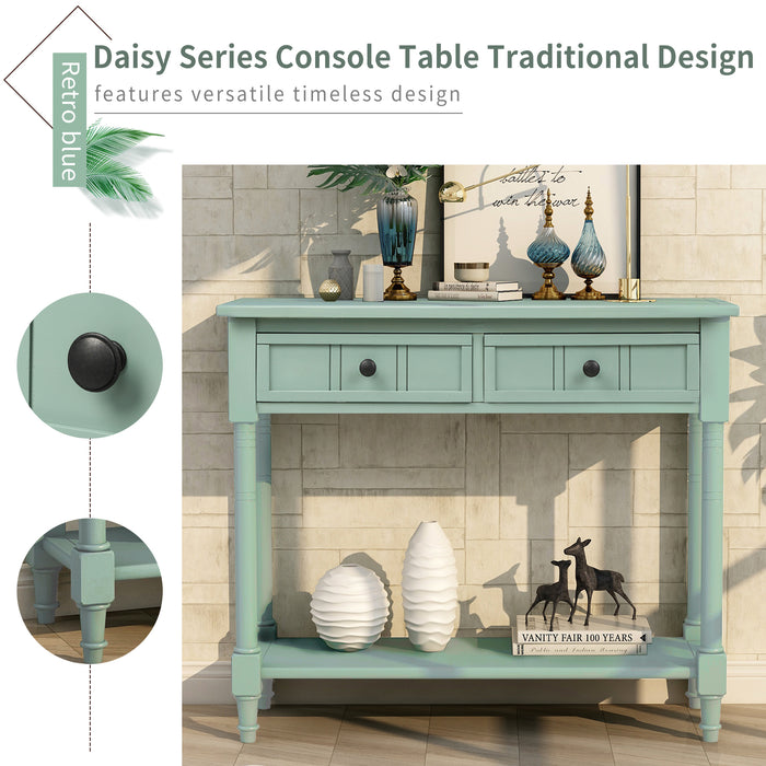 Console Table, Traditional Design with Two Drawers and Bottom Shelf - Retro blue