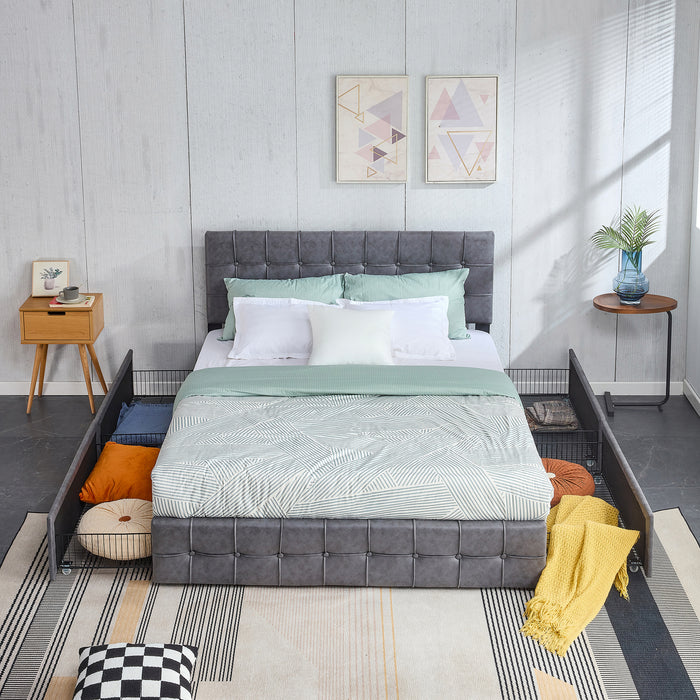 Hot Sale Queen Size Dark Grey Upholstered Platform Bed Frame  with Storage Drawers