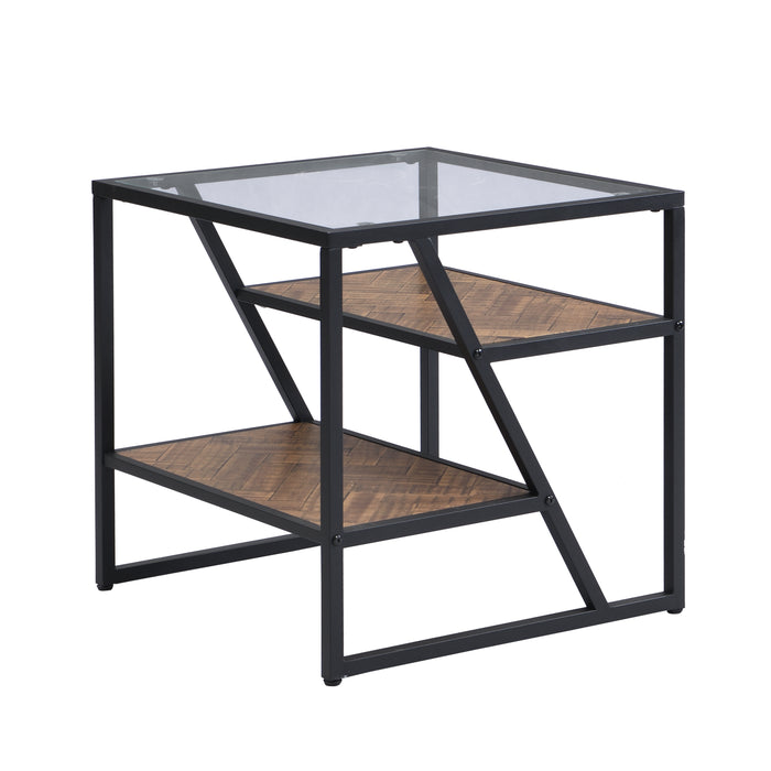 Black Side End Table with Storage Shelf, Tempered Glass