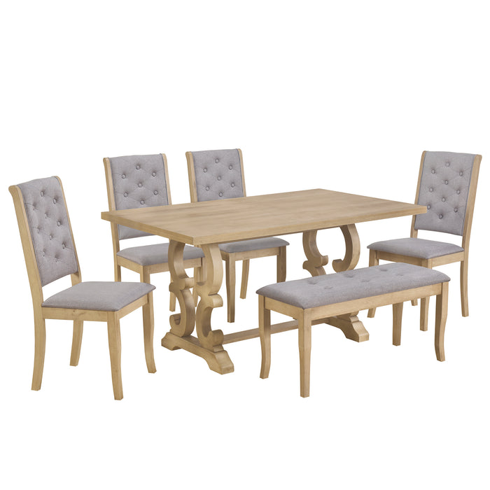 6-Piece Retro Dining Set with Unique-designed Table Legs - Beige Wash