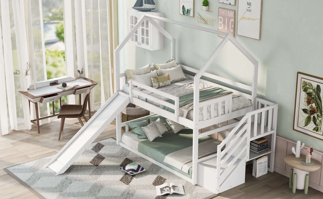 Twin over Twin House Bunk Bed with Convertible Slide, Storage Staircase -White