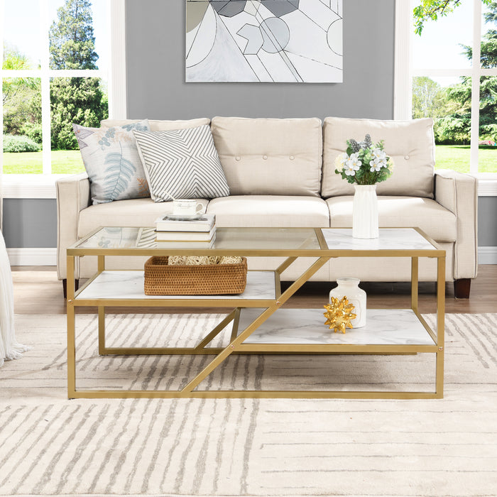 Modern Coffee Table with Storage Shelf and Tempered Glass for Living Room & Bedroom - Golden