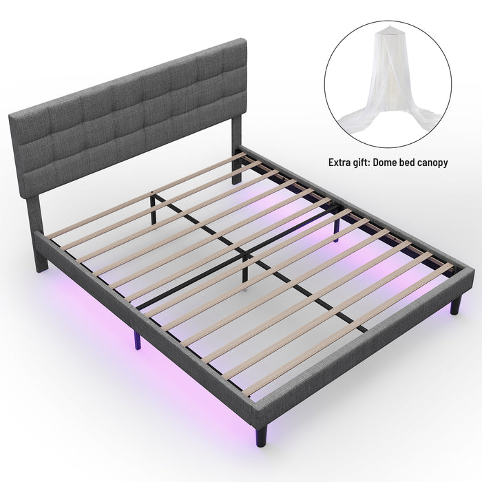 Queen Size Upholstered Platform Bed Linen Bed Frame with Lights Square Stitched Adjustable Headboard  - Gray