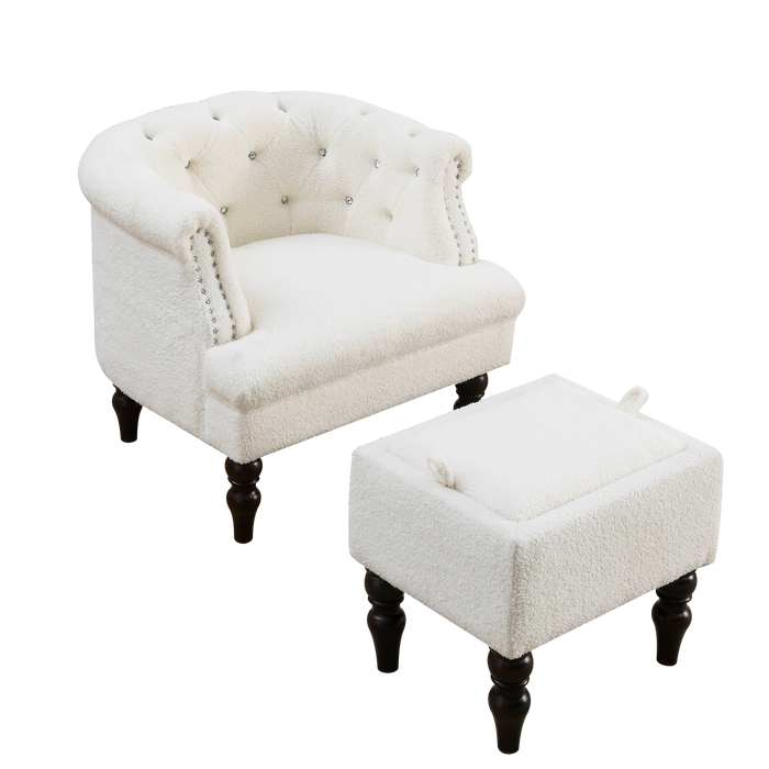 3+1 Combination of Chesterfield sofa and chair, teddy white, two pillows