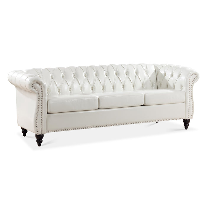 Rolled Arm Chesterfield 3 Seater Sofa - White