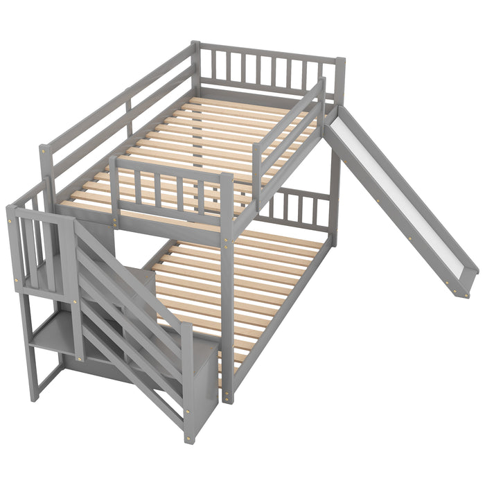 Twin over Twin Bunk Bed with Convertible Slide and Stairway - Gray