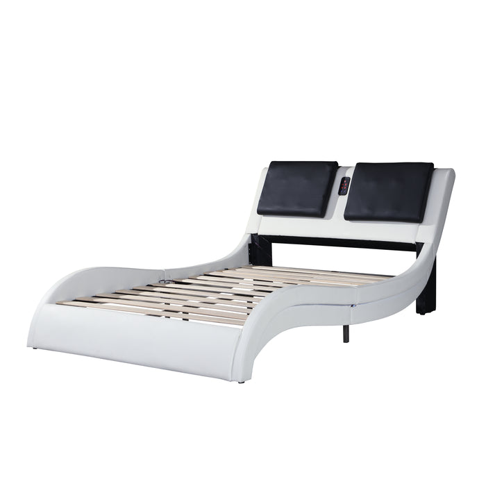 King Size Faux Leather Upholstered Platform Bed Frame with led lighting and Bluetooth connection  - White and Black