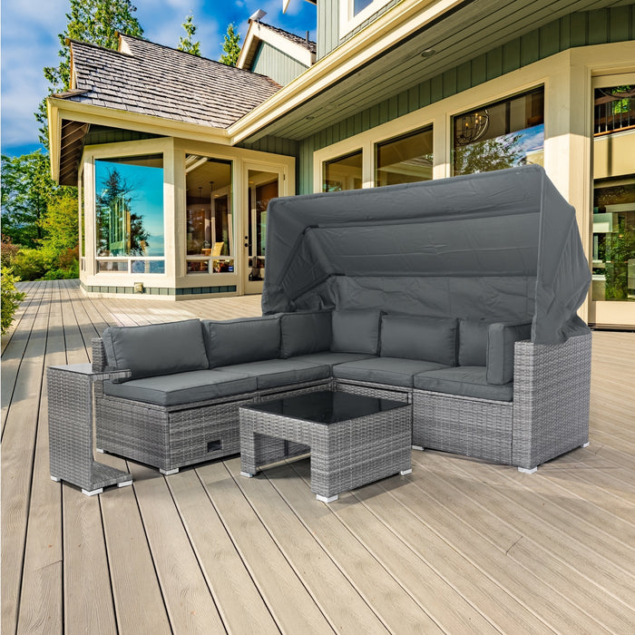 7-Piece Patio Furniture Set w/Retractable Canopy Wicker Rattan Sectional