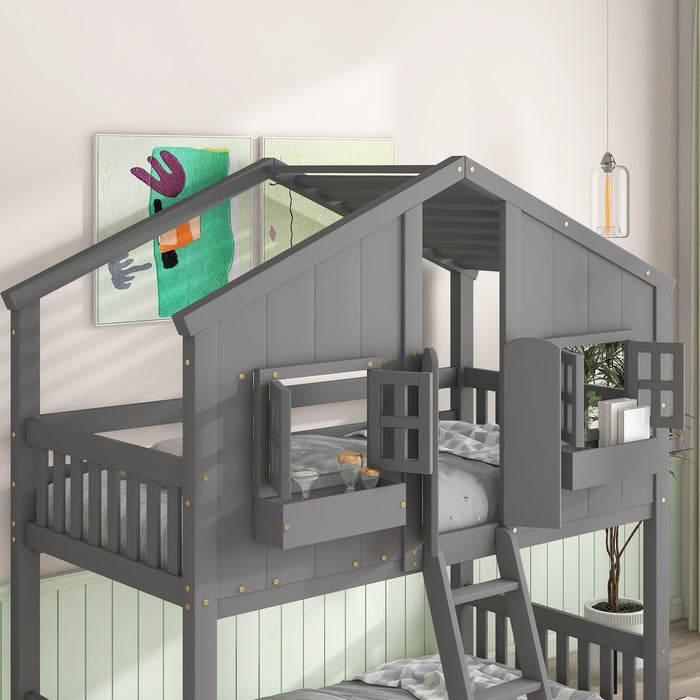 Twin over Twin House Bunk Bed with Roof & Windows - Grey