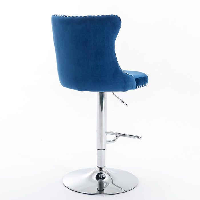 Swivel Velvet Barstools, Blue (Set of 2）