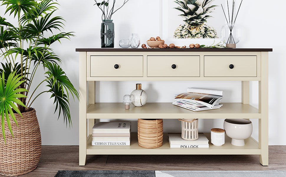 Retro Design Console Table with Two Open Shelves - Espresso + Beige