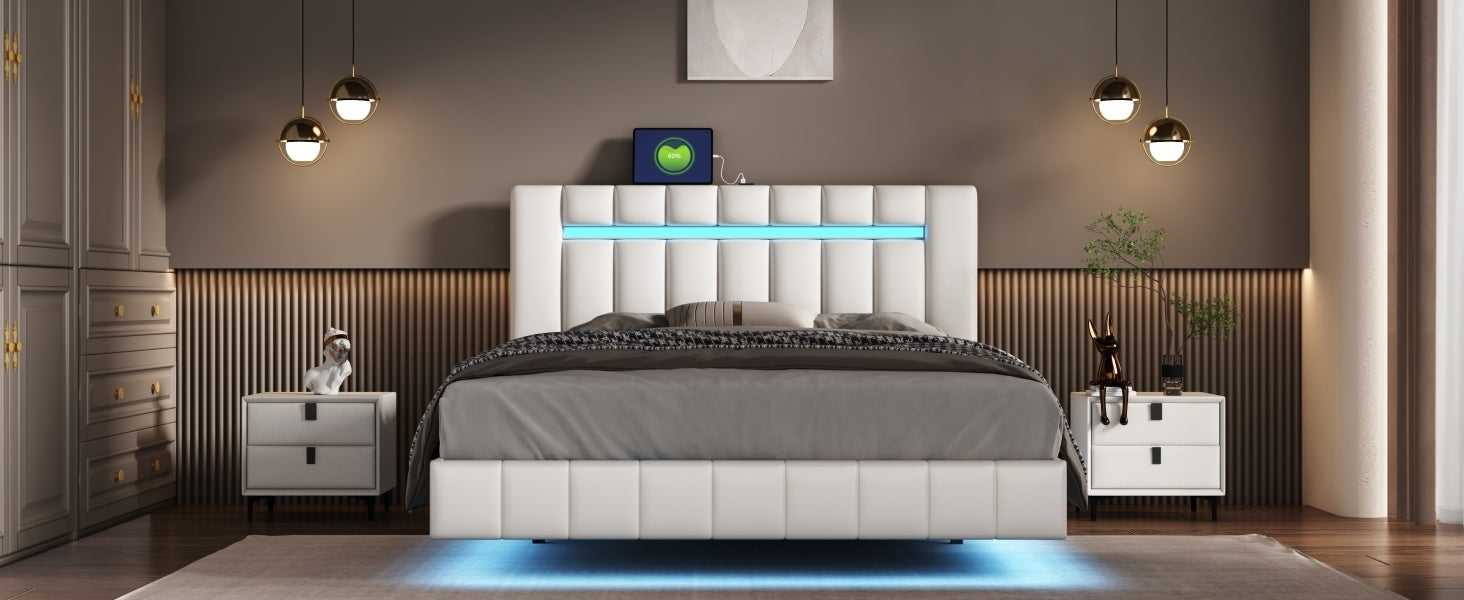 Queen Size Modern Upholstered Platform LED Bed with LED Lights and USB Charging - White