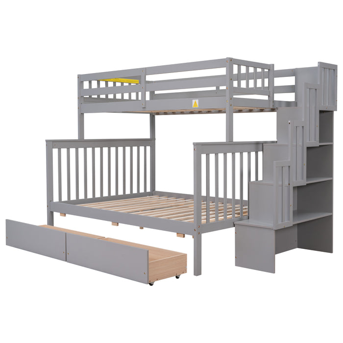 Twin Over Full Convertible Bunk Bed with 2 Drawers and Staircases - Grey