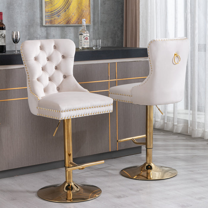 Modern Upholstered Velvet Bar Stools with Tufted Backs - Beige Set of 2