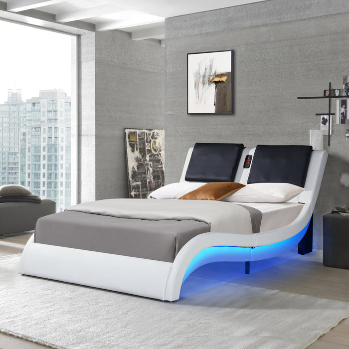 Queen Size Faux Leather Upholstered Platform Bed Frame with led lighting and Bluetooth connection - White