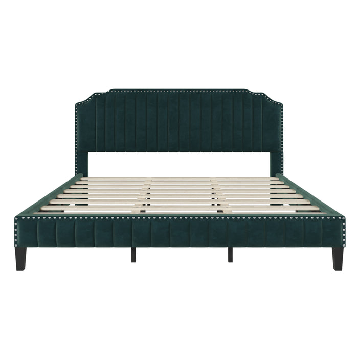 Modern Velvet Curved Upholstered Platform Bed ,  Green (King)