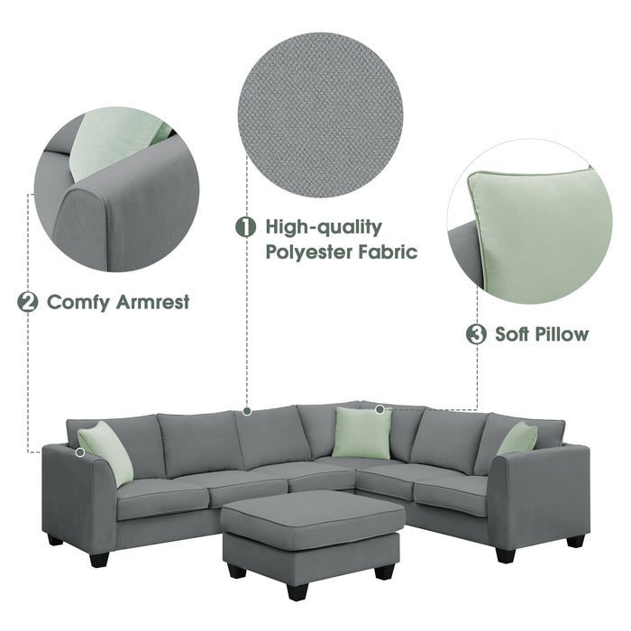 7 Seats Modular Sectional Sofa with Ottoman - Grey