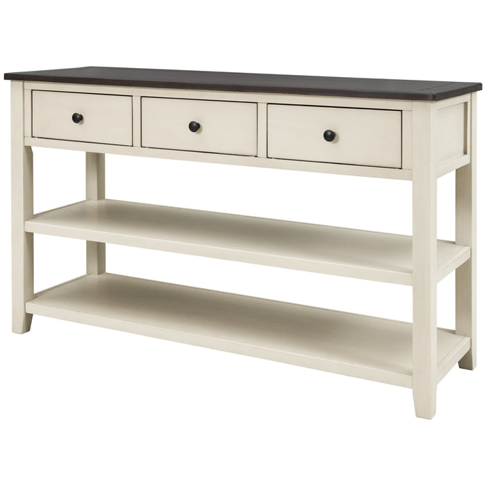 Retro Design Console Table with Two Open Shelves - Espresso + Beige