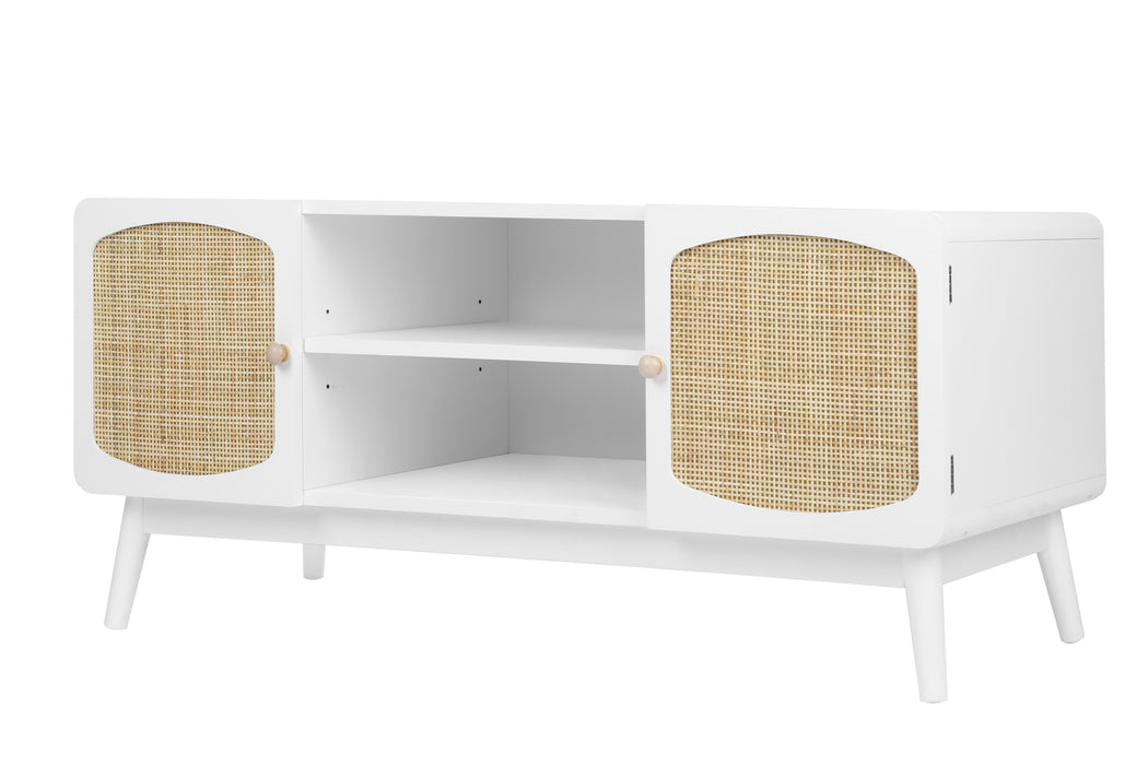 White TV Console with Rattan Door