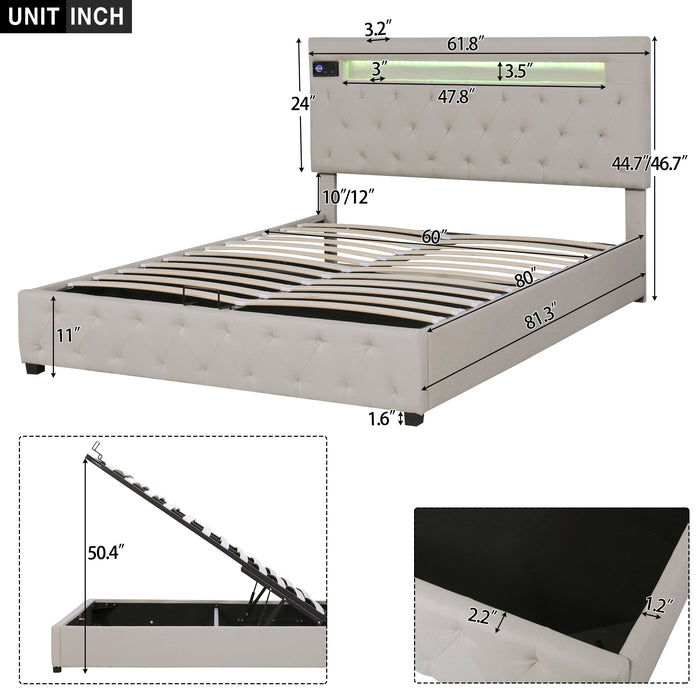 Queen Size Storage Upholstered Platform Bed with Adjustable Headboard - Beige