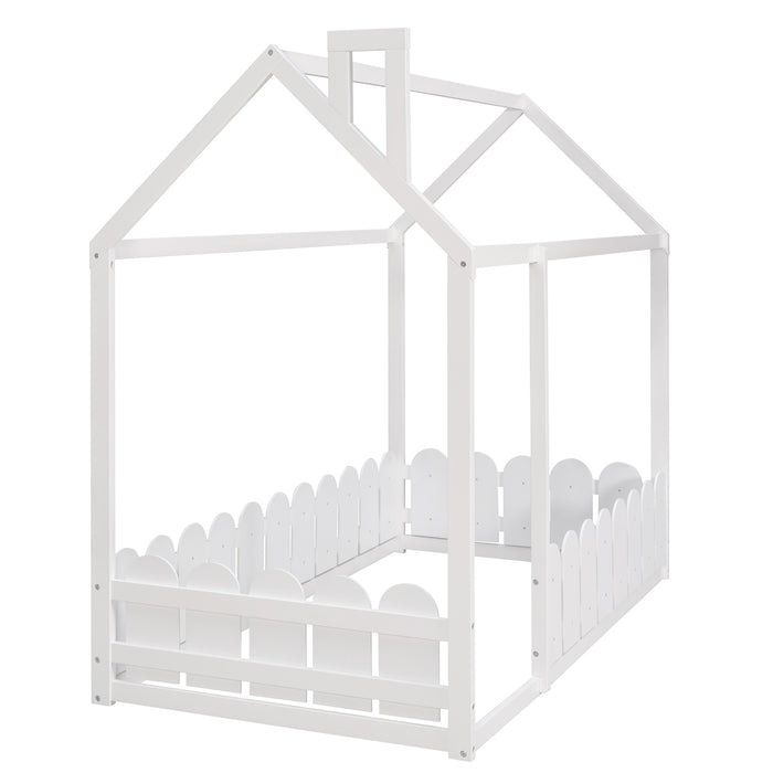 Twin Size Wood Bed House with Fence (White )（Slats are not included)