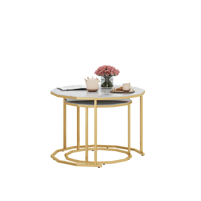 Marble Coffee End table - White Artificial Marble Top (white+golden)