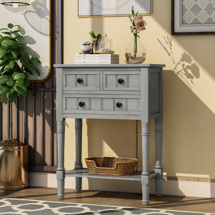 Narrow Console Table with Three Storage Drawers and Bottom Shelf - Gray Wash