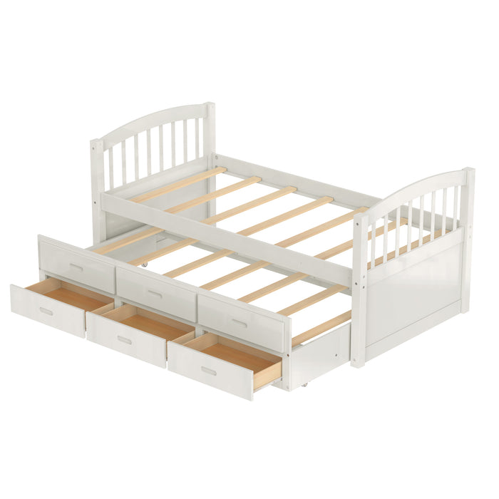 Twin over Twin Wood Bunk Bed with Trundle and Drawers - White