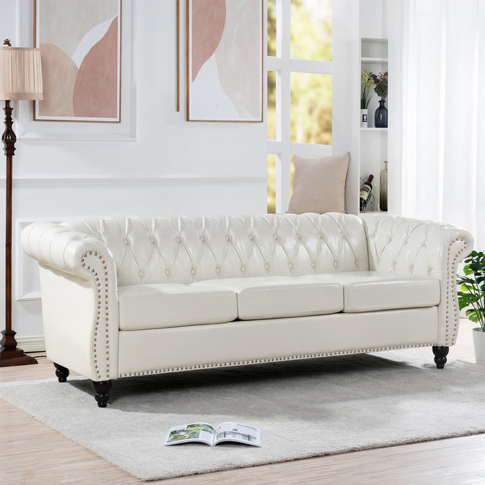 Rolled Arm Chesterfield 3 Seater Sofa - White