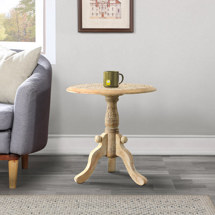 Intricately Carved Round Top Side End Table - Brown and White