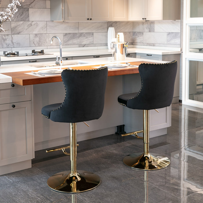 Golden Swivel Velvet Barstools (Black, Set of 2）