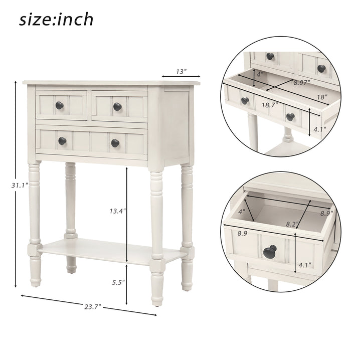 Narrow Console Table with Three Storage Drawers and Bottom Shelf - Ivory White