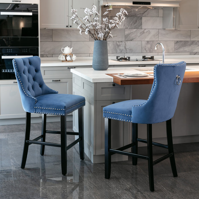 Contemporary Velvet Upholstered Barstools with  Tufted Button - Blue (Set of 2)