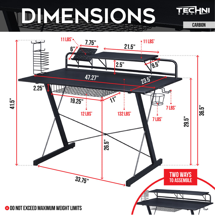 Sport TS-200 Carbon Computer Gaming Desk with Shelving, Black