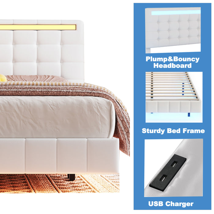 Queen Size Modern Upholstered Platform LED Bed with LED Lights and USB Charging - White