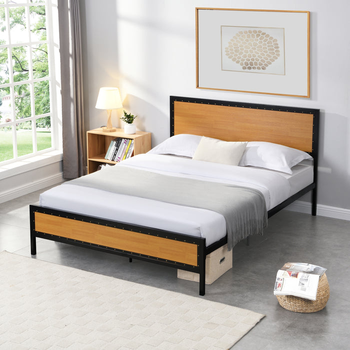 Queen Size Platform Bed Frame with Rustic Headboard and Footboard - Brown