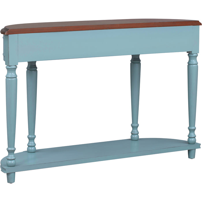 Retro Circular Curved Design Console Table with Open Style Shelf - Cherry + Antique Blue