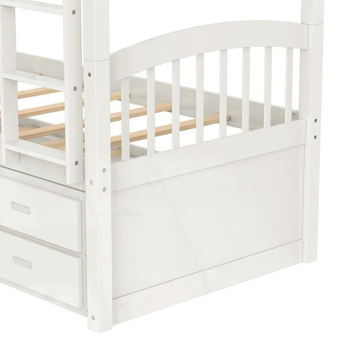 Twin over Twin Wood Bunk Bed with Trundle and Drawers - White