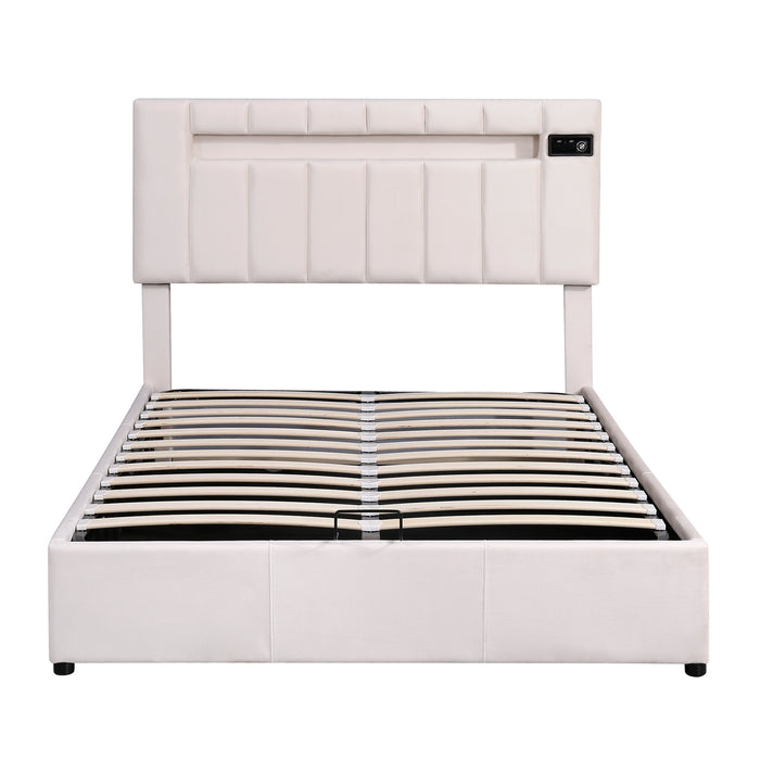 Full Size Velvet Upholstered Storage Bed with LED light, Bluetooth Player and USB Charging - Beige