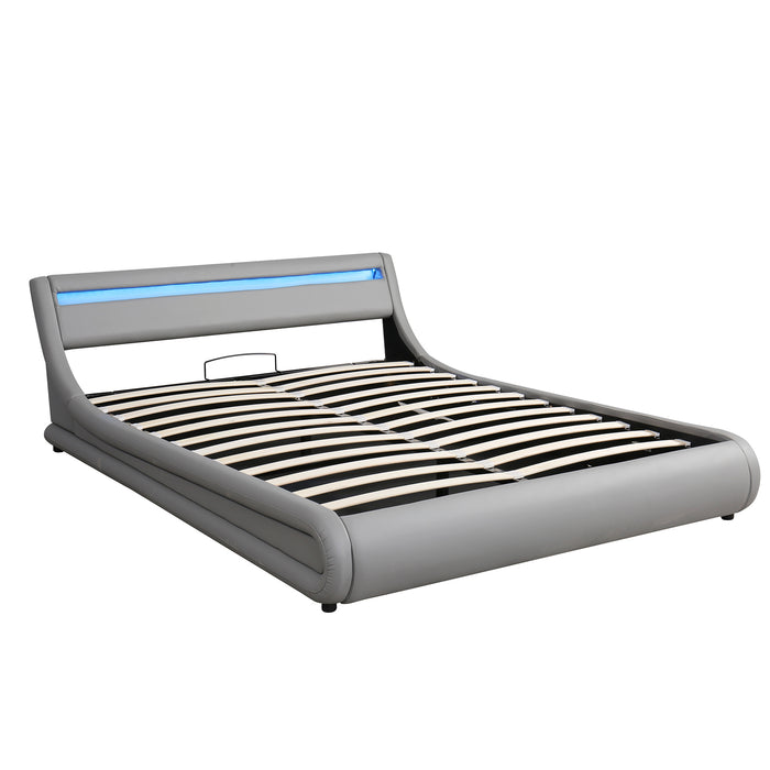 Queen Upholstered Faux Leather Storage Platform bed with LED Light - Gray