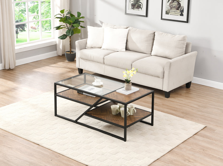 Black Coffee Table with Storage Shelf - Tempered Glass