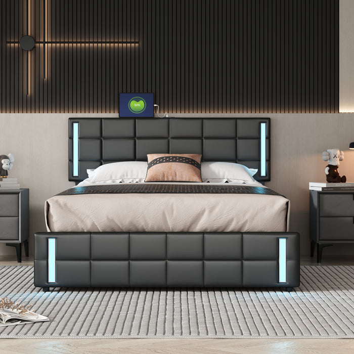 Queen Upholstered  Storage Platform Bed with LED Lights and USB Charging - Black