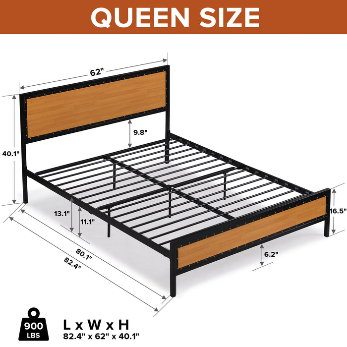 Queen Size Platform Bed Frame with Rustic Headboard and Footboard - Brown