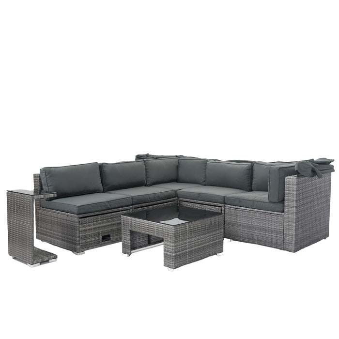 7-Piece Patio Furniture Set w/Retractable Canopy Wicker Rattan Sectional