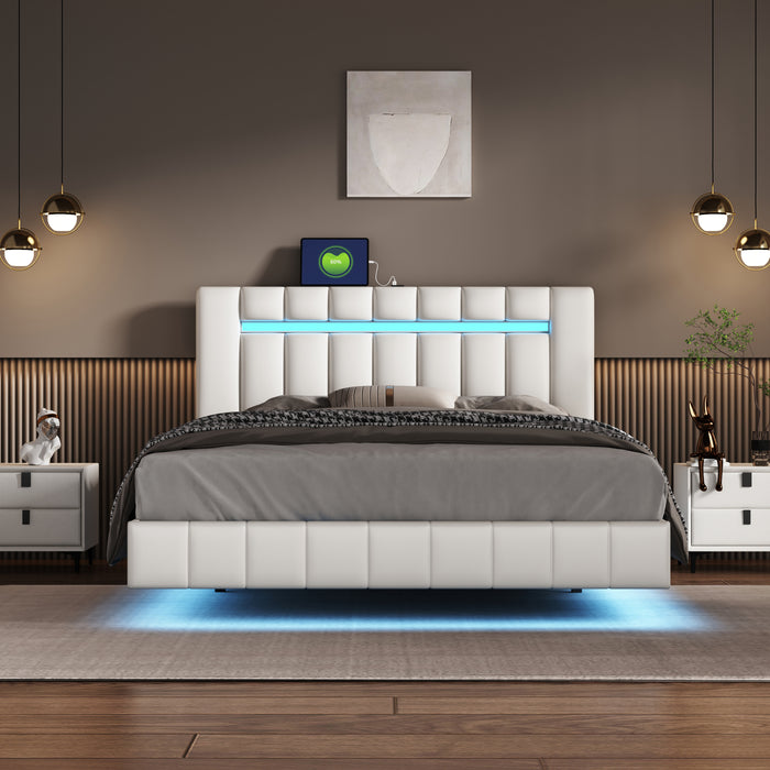 Queen Size Modern Upholstered Platform LED Bed with LED Lights and USB Charging - White