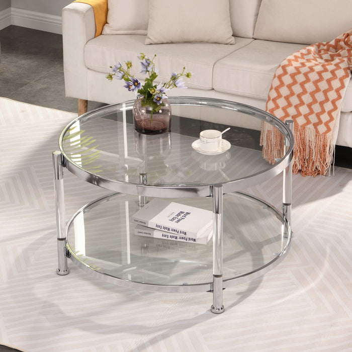 Contemporary Acrylic Coffee Table, Round Tempered Glass - Chrome/Silver