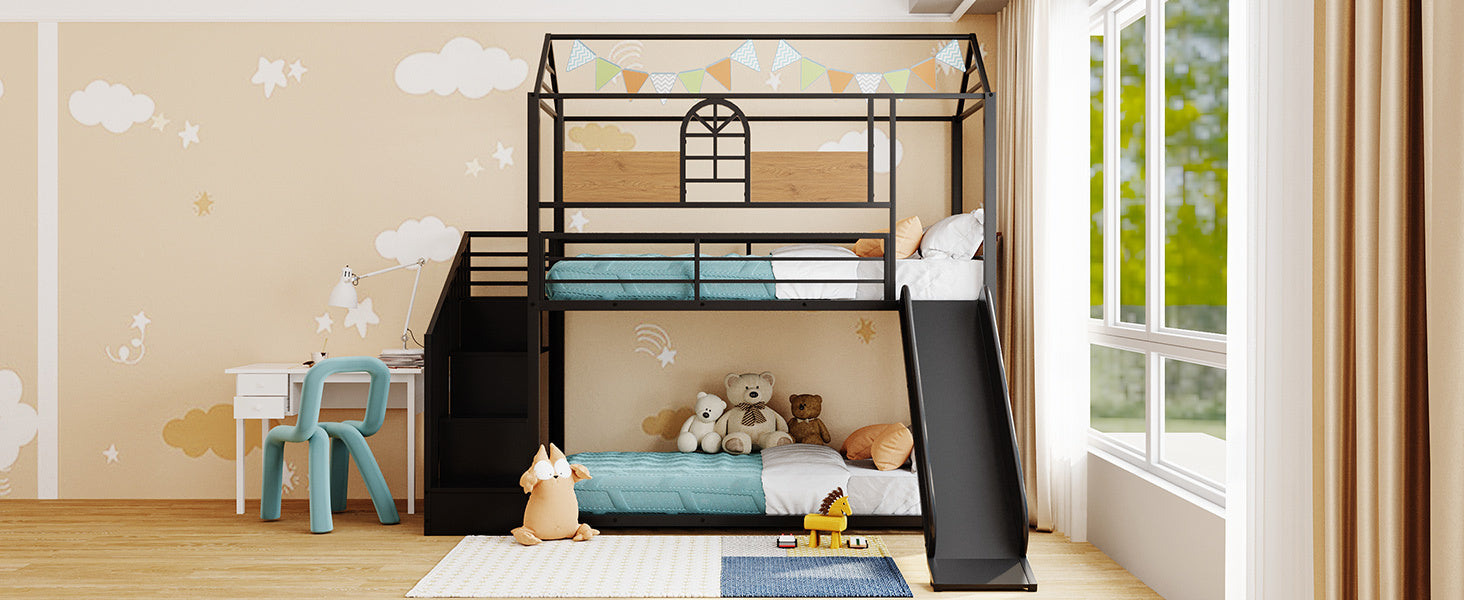 Twin Over Twin Metal House Bunk Bed - Black